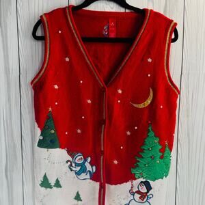 Ugly Christmas Sweater Vest Holiday Womens Medium Red Snowman Winter Wonderland
